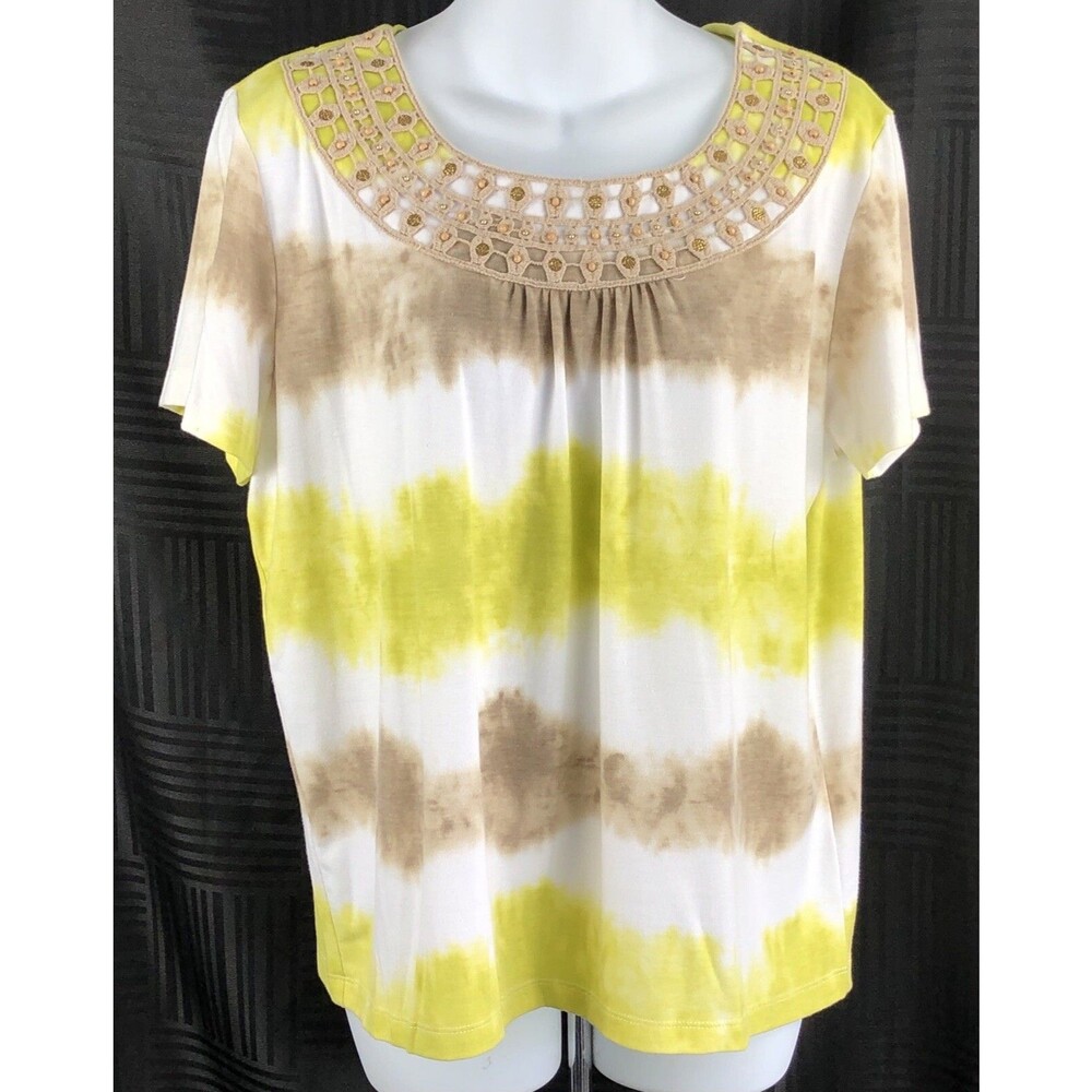 Alfred Dunner Top PM Yellow Tie Dye Beads Crochet Boat Neck Boho Hippie Colorful